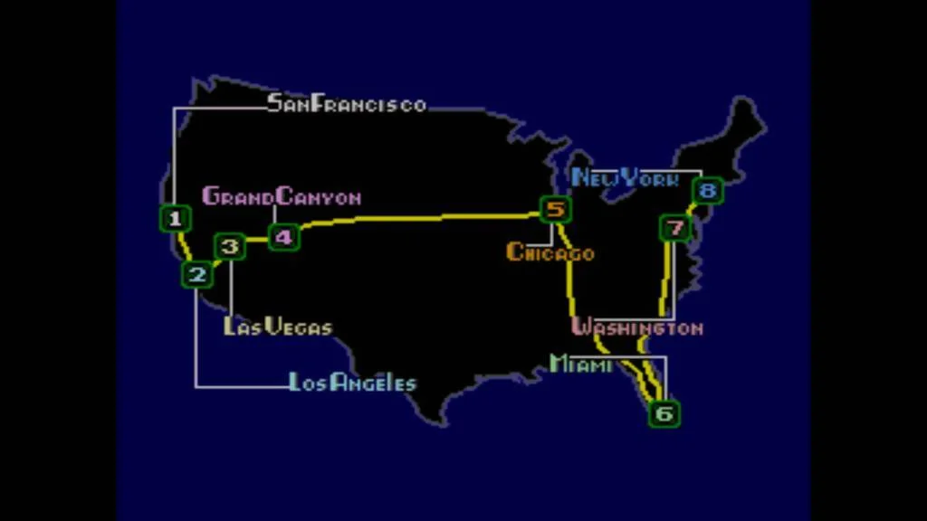 Mapa dels Estats Units de Battle OutRun amb una ruta numerada entre diverses ciutats.