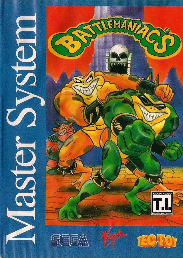 Portada brasilera de Battlemaniacs per a Master System, amb Rash i Pimple davant d’una fortalesa.