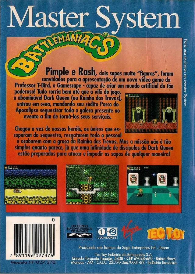 Contraportada brasilera de Battlemaniacs per a Master System, escrita en portuguès i amb quatre captures del joc.