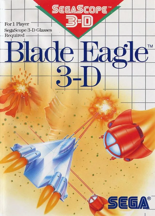Portada nord-americana de Blade Eagle 3-D amb una nau platejada, enemics vermells, explosions i el distintiu SegaScope 3-D.