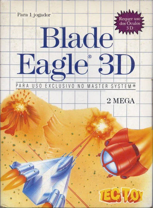 Portada brasilera de Blade Eagle 3D amb el logotip de Tec Toy, el distintiu 2 MEGA i una batalla espacial.