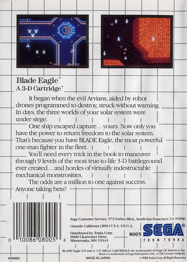 Contraportada nord-americana de Blade Eagle 3-D amb dues captures, una sinopsi en anglès i els logotips de Sega i Tonka.