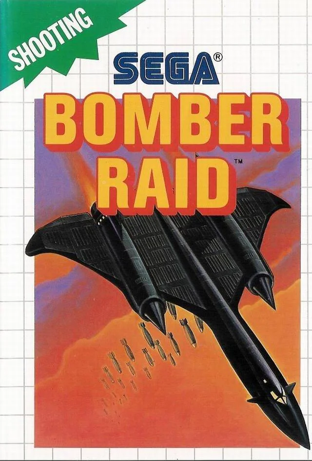 Portada europea de Bomber Raid amb un avió negre llançant bombes sobre un cel taronja.