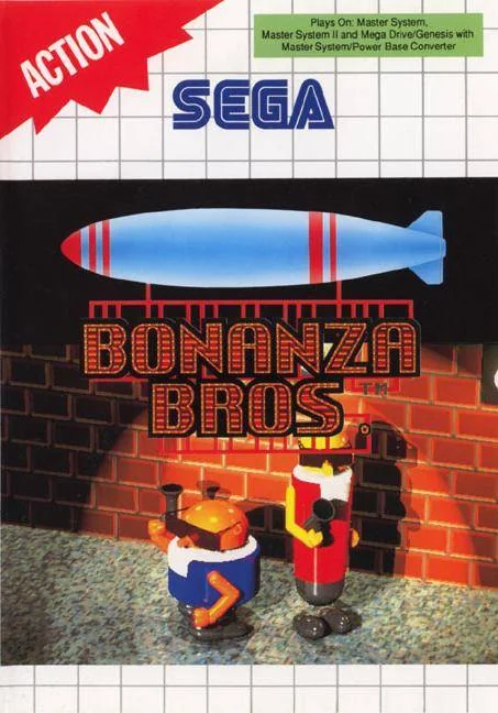 Portada europea de Bonanza Bros. per a Sega Master System, amb Robo i Mobo davant d’un mur de maons.