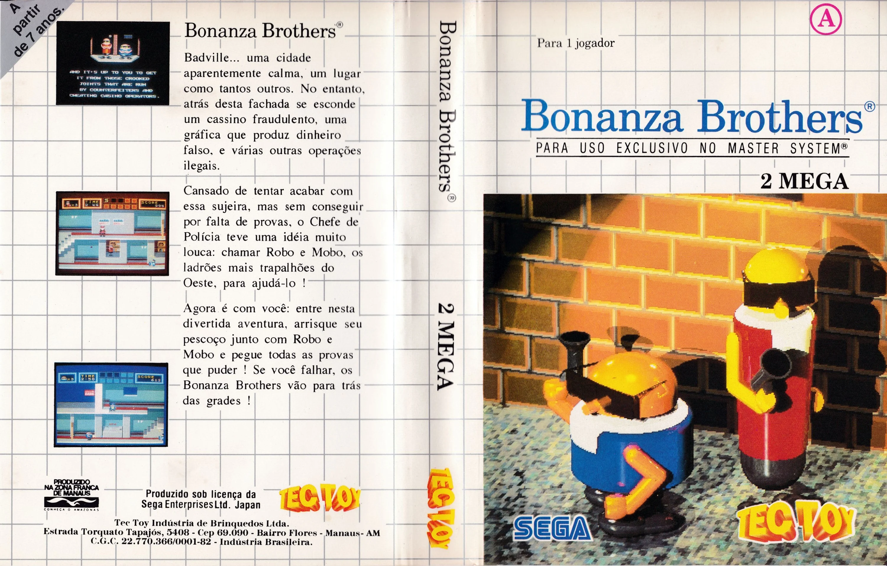 Caràtula brasilera desplegada de Bonanza Brothers, amb els logotips de Tec Toy i SEGA i text en portuguès.