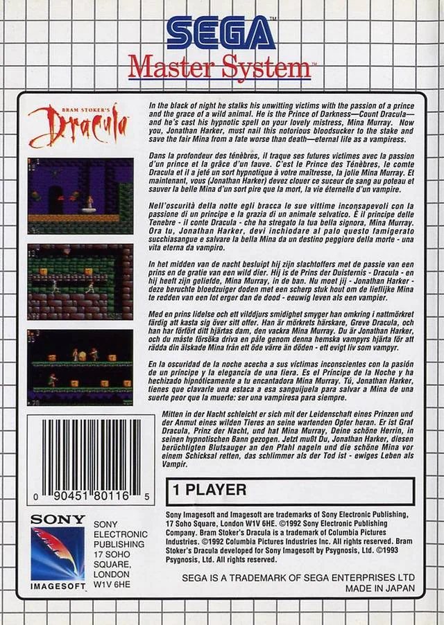 Contraportada europea de Bram Stoker's Dracula per a Sega Master System, amb sinopsi multilingüe i tres captures del joc.