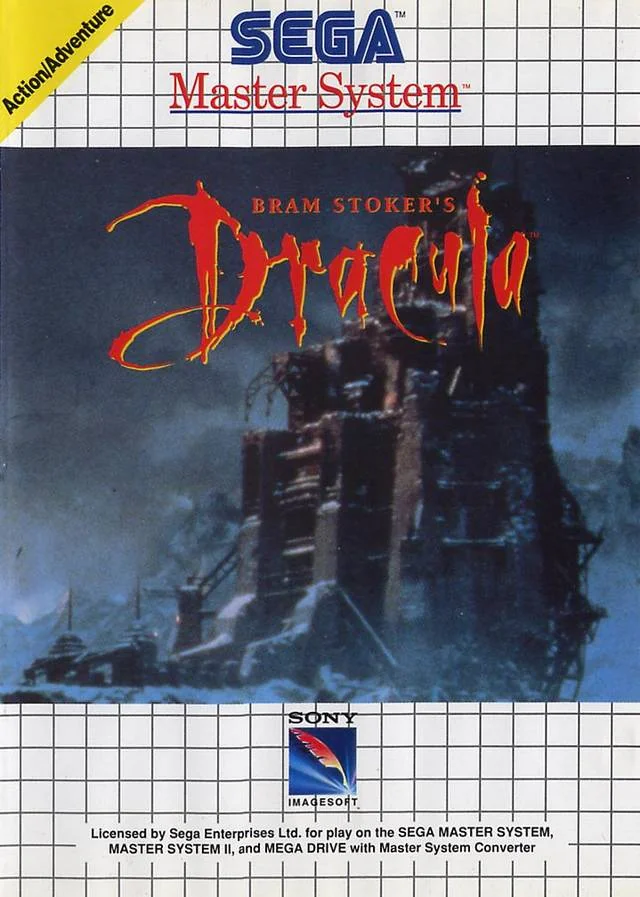 Portada frontal europea de Bram Stoker's Dracula per a Sega Master System, amb un castell nocturn sobre el retrat de Dràcula.