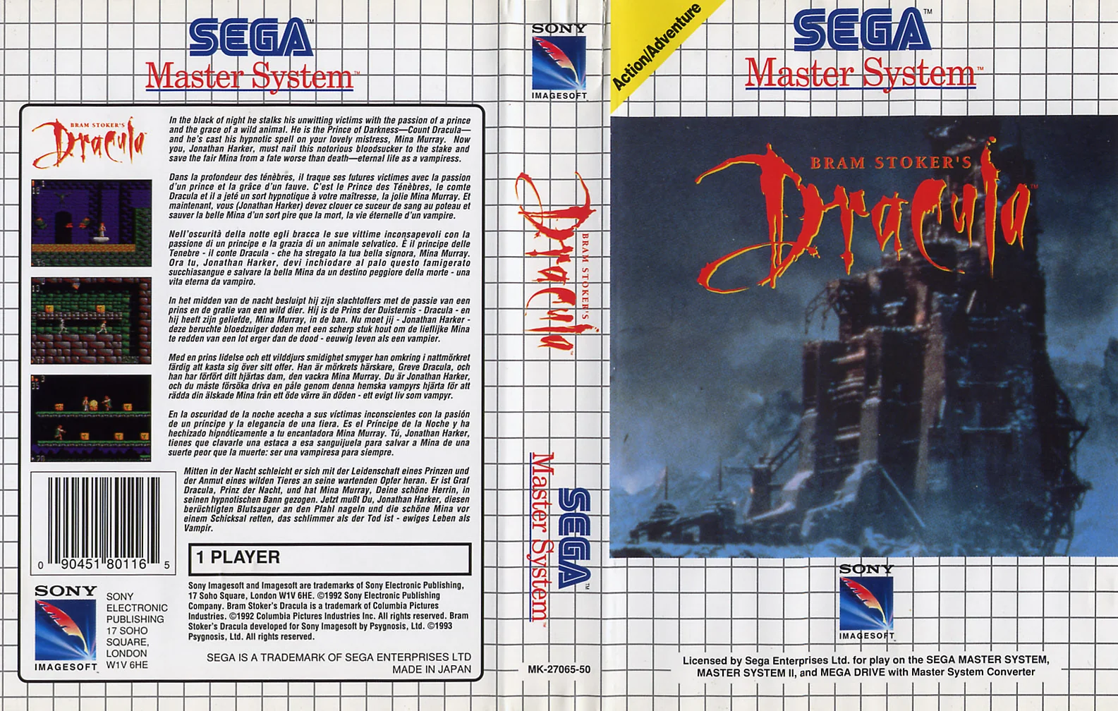 Caràtula europea desplegada de Bram Stoker's Dracula per a Sega Master System, amb portada, llom i contraportada.