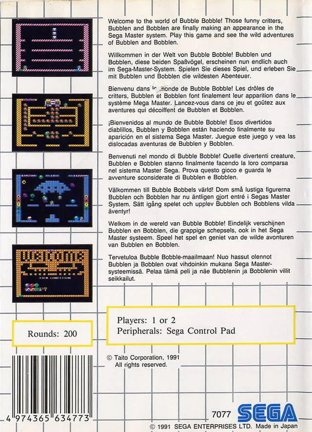 Contracoberta europea de Bubble Bobble per a Sega Master System, amb quatre captures i textos multilingües.