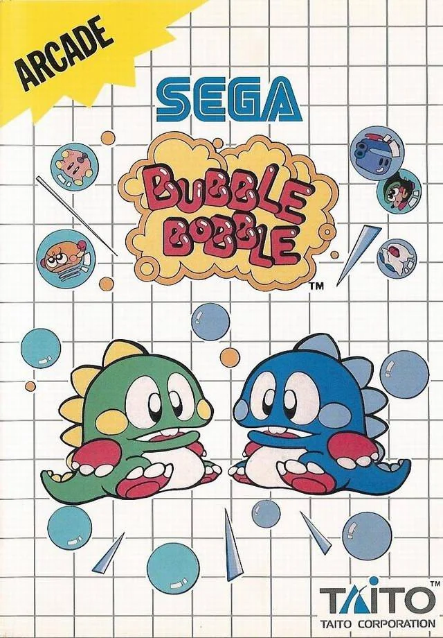 Portada europea de Bubble Bobble per a Sega Master System, amb Bubblun i Bobblun envoltats de bombolles.