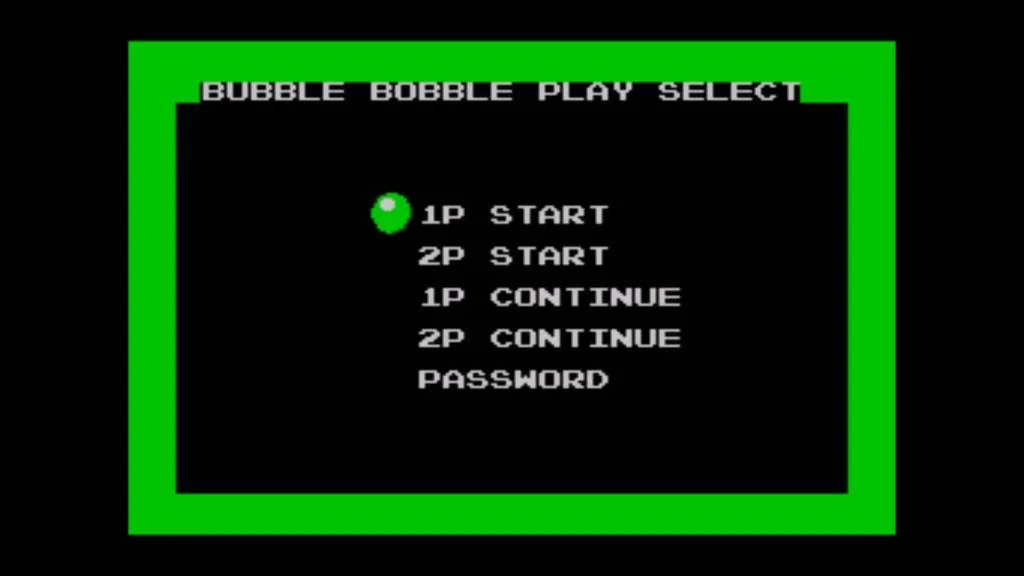 Menú Play Select de Bubble Bobble amb opcions START, CONTINUE i PASSWORD per a un o dos jugadors.