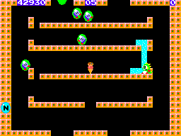 Ronda 5 de Bubble Bobble amb una columna d’aigua baixant pel costat dret de la pantalla.