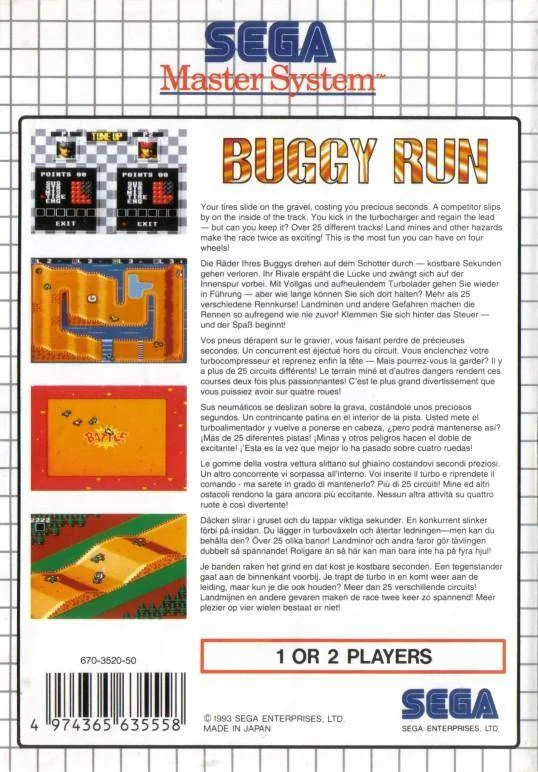 Contracoberta europea de Buggy Run amb captures i textos multilingües.