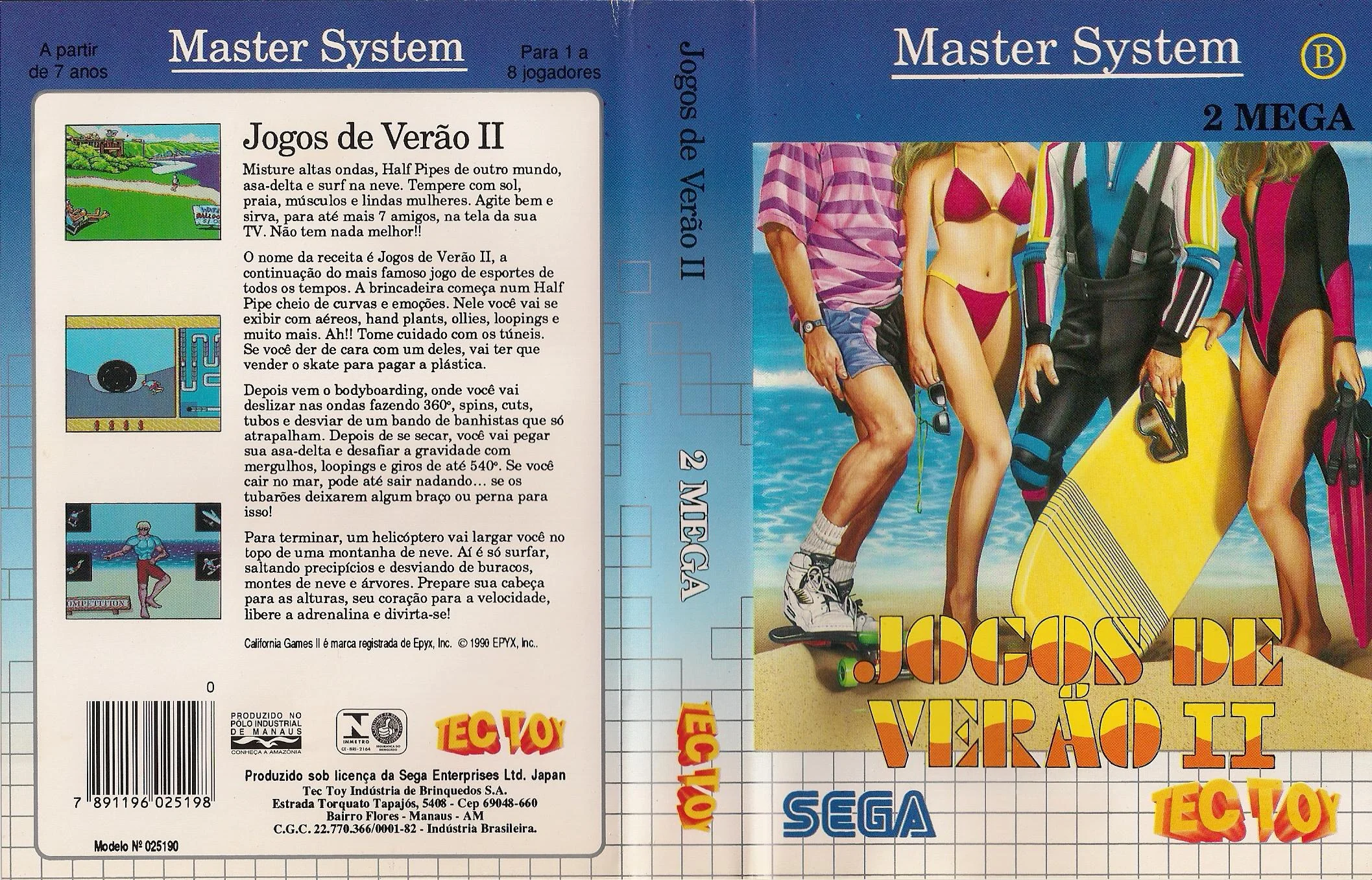 Caràtula desplegada brasilera de Jogos de Verão II per a Master System, amb coberta, llom i contracoberta en portuguès.