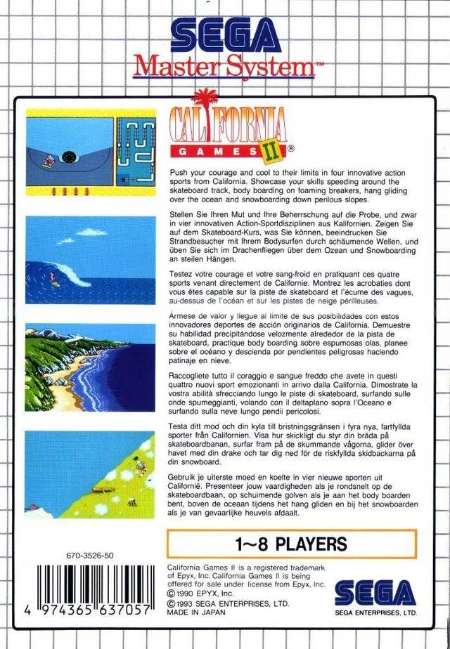 Contracoberta europea de California Games II per a Sega Master System, amb quatre captures i textos multilingües.