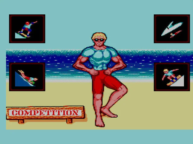 Pantalla de selecció de California Games II amb un esportista al centre i quatre pictogrames de proves.