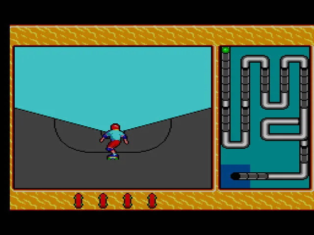 Patinador en una pista grisa de California Games II, amb el mapa del recorregut al panell dret.