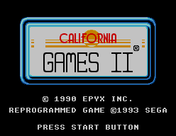 Pantalla de títol de California Games II per a Sega Master System, amb els noms d’Epyx i Sega.