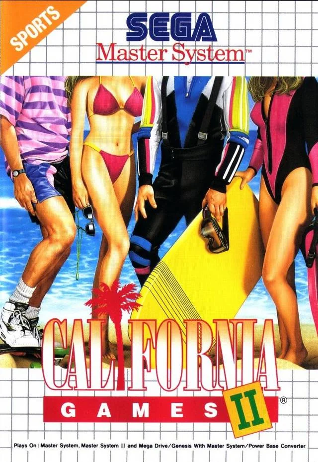 Portada europea de California Games II per a Sega Master System, amb esportistes reunits en una platja.