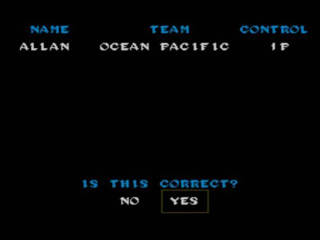 Pantalla de confirmació amb el jugador Allan, el patrocinador Ocean Pacific i l’assignació al comandament 1P.