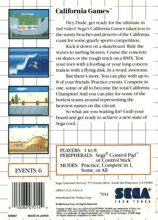 Contraportada nord-americana de California Games per a Sega Master System, amb quatre captures i informació d’un a vuit jugadors.
