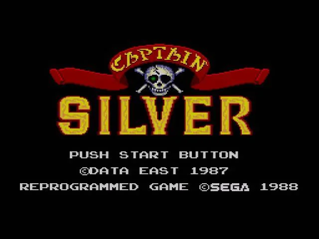 Pantalla de títol de Captain Silver amb l’emblema pirata i els crèdits de Data East i Sega.