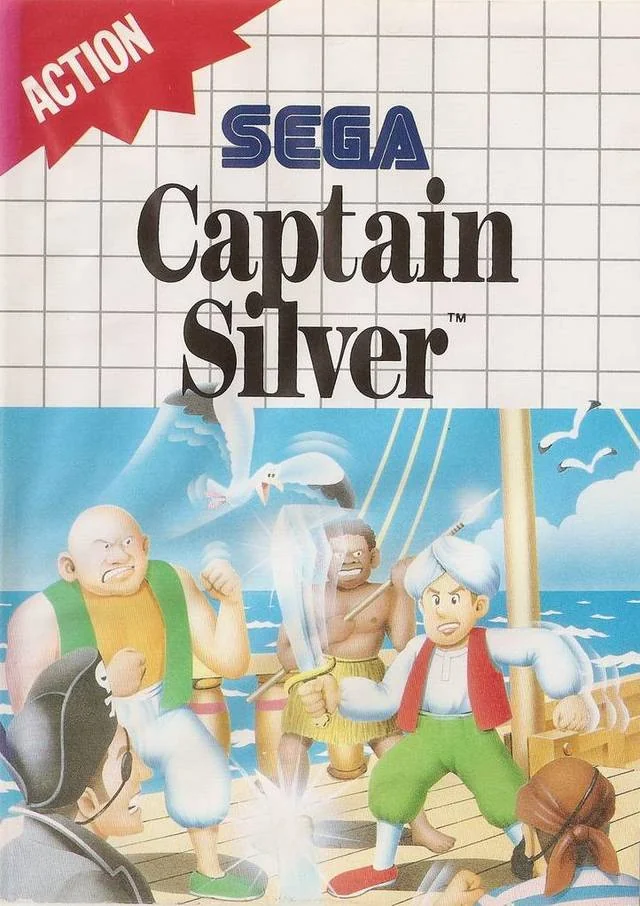 Portada europea de Captain Silver amb l’heroi brandant l’espasa davant diversos pirates.