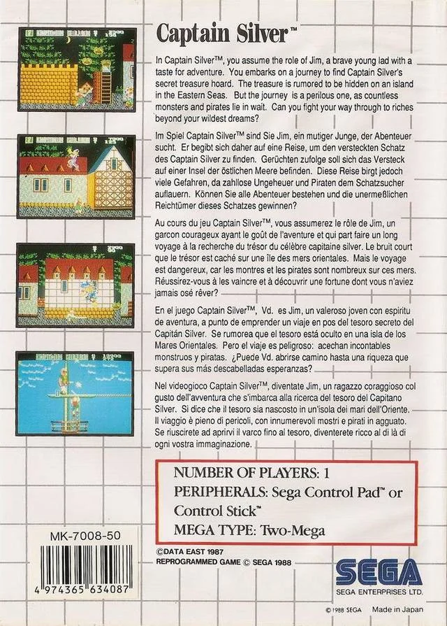 Contraportada europea de Captain Silver amb quatre captures i una sinopsi en cinc idiomes.