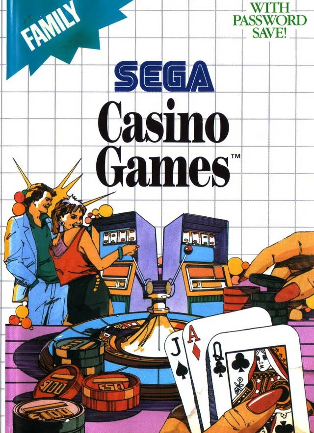 Portada europea de Casino Games per a Sega Master System, il·lustrada amb cartes, fitxes, una ruleta i escurabutxaques.