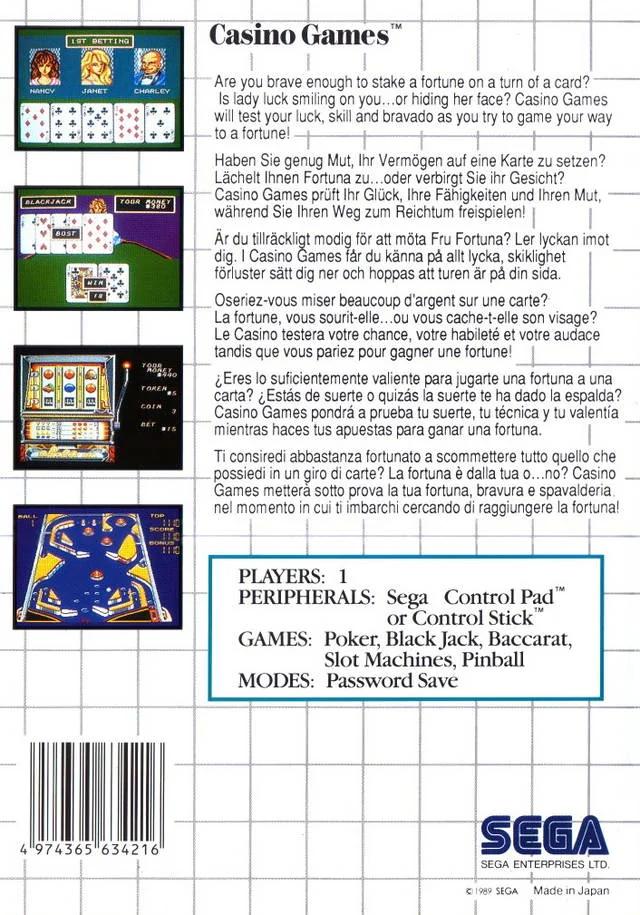 Contraportada europea de Casino Games per a Sega Master System, amb quatre captures i textos en sis idiomes.