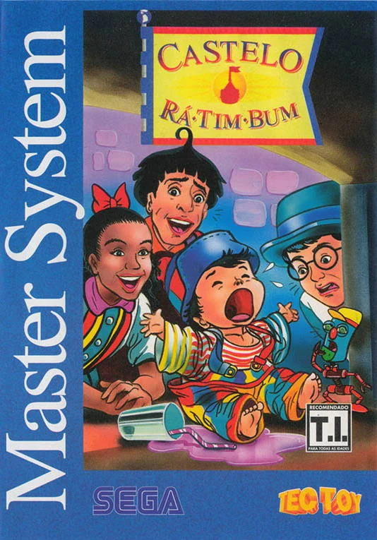 Portada brasilera de Castelo Rá-Tim-Bum per a Master System, amb quatre personatges davant del títol.