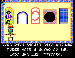Pantalla del porter amb cinc portes, dos personatges i instruccions en portuguès.