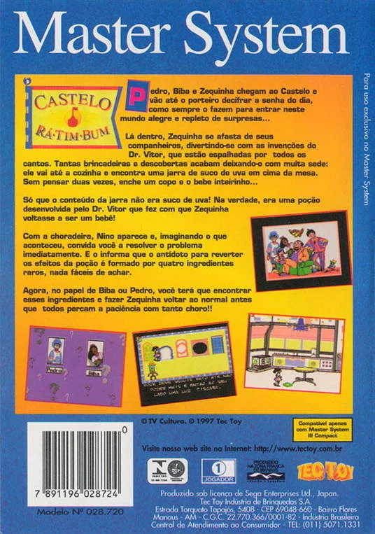 Contraportada brasilera de Castelo Rá-Tim-Bum per a Master System, amb text en portuguès i tres captures.