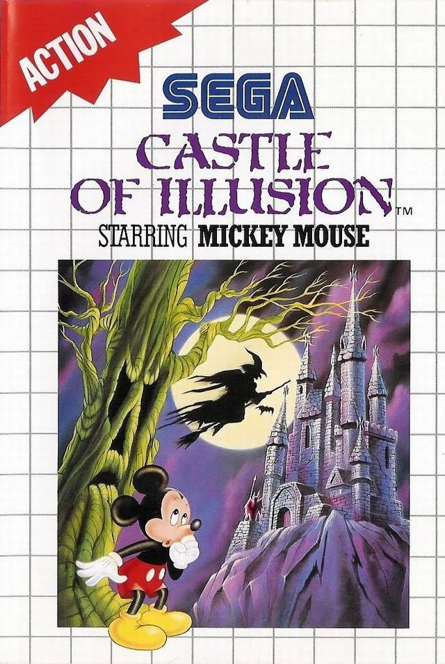 Portada europea de Castle of Illusion Starring Mickey Mouse per a Sega Master System, amb Mickey, Mizrabel i el castell sota la lluna.