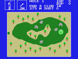 Camp de Champion Golf en vista zenital, amb obstacles, forat i dades del cop a la franja superior.