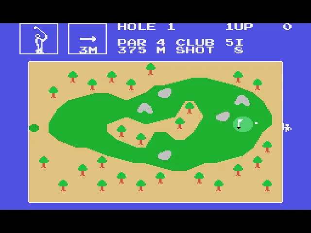 Primer forat de Champion Golf al programa original SG-1000, amb el camp en vista zenital i els indicadors de joc a la part superior.
