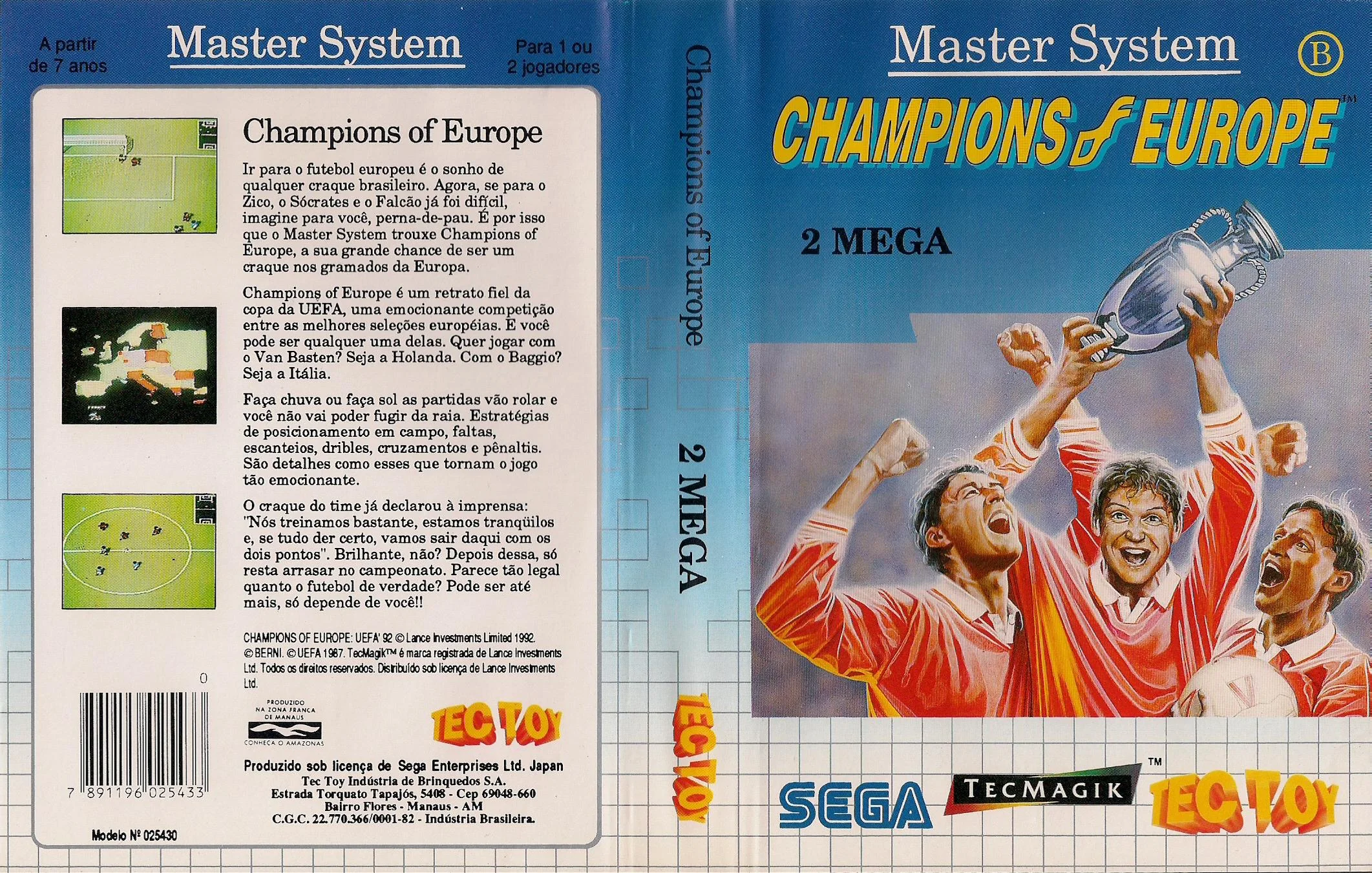 Caràtula brasilera desplegada de Champions of Europe, amb textos portuguesos i marques de Tec Toy.