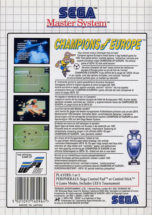 Contraportada europea de Champions of Europe per a Sega Master System, amb captures i textos multilingües.