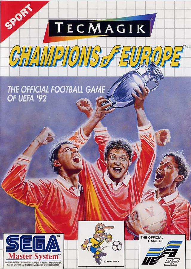 Portada europea de Champions of Europe per a Sega Master System, amb tres futbolistes aixecant una copa.