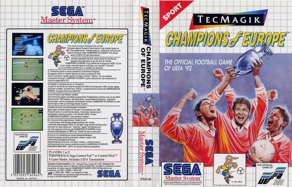 Caràtula europea desplegada de Champions of Europe, amb portada, llom i contraportada multilingüe.