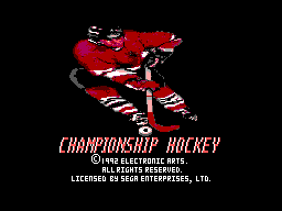 Pantalla de títol de Championship Hockey amb dos jugadors d’hoquei i crèdits de desenvolupament i llicència.