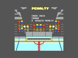 Pantalla de penalització que assenyala una càrrega amb l’estic a dues mans («cross-check») de dos minuts contra el Canadà.