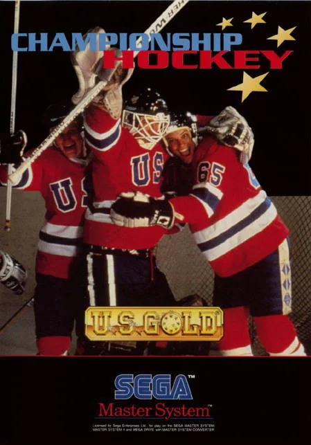 Portada europea de Championship Hockey per a Sega Master System, amb tres jugadors d’hoquei dels Estats Units.