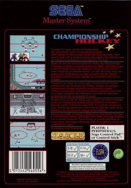 Contraportada europea de Championship Hockey per a Sega Master System, amb quatre captures i text multilingüe.