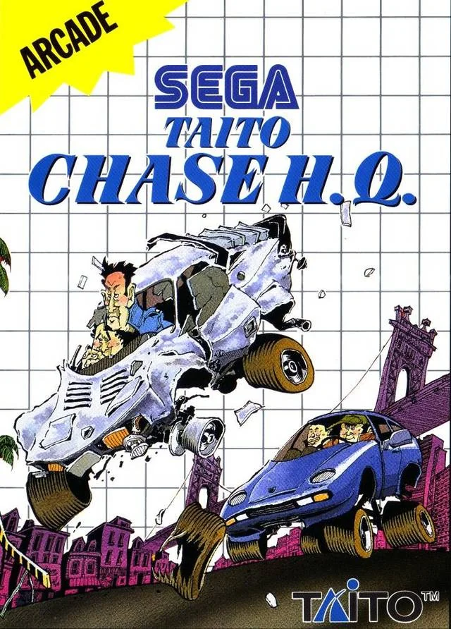 Portada europea de Taito Chase H.Q. per a Sega Master System, amb dos cotxes en una persecució urbana.