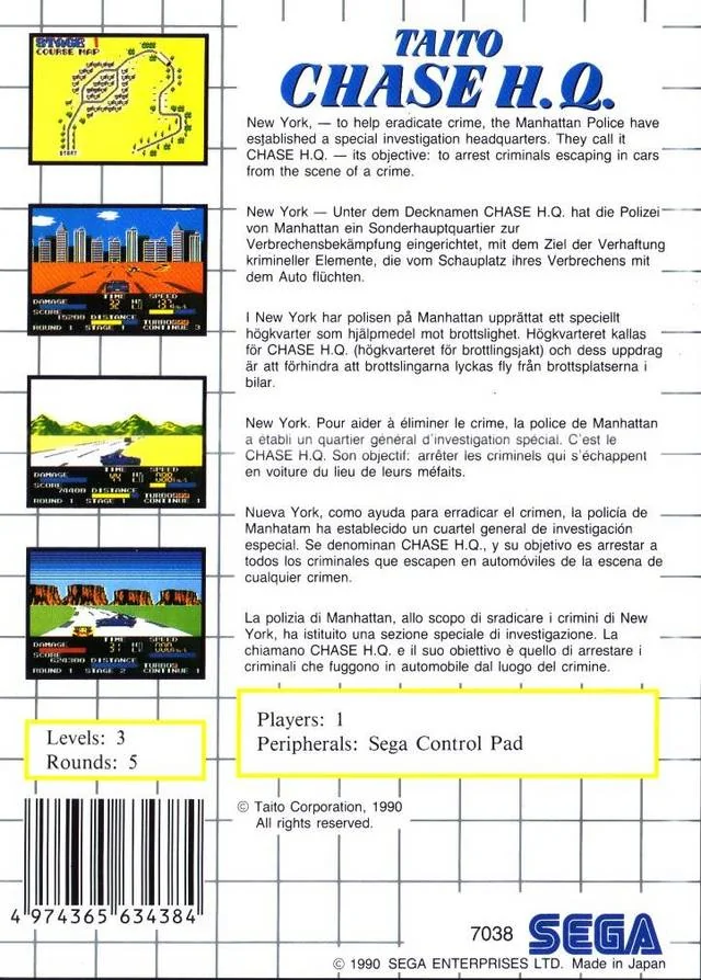 Contraportada europea de Taito Chase H.Q. per a Sega Master System, amb text multilingüe i captures del joc.
