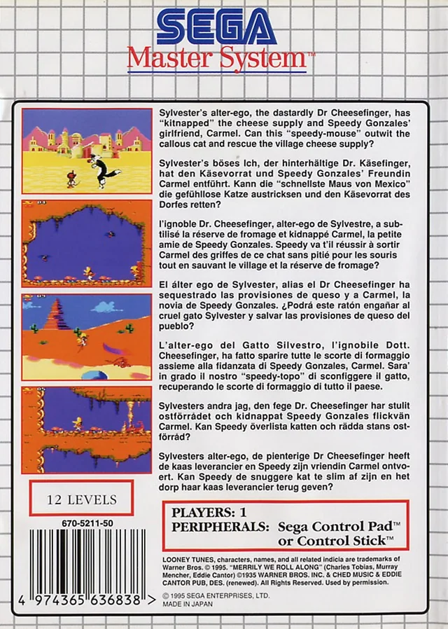 Contraportada europea de Cheese Cat-Astrophe starring Speedy Gonzales per a Sega Master System.