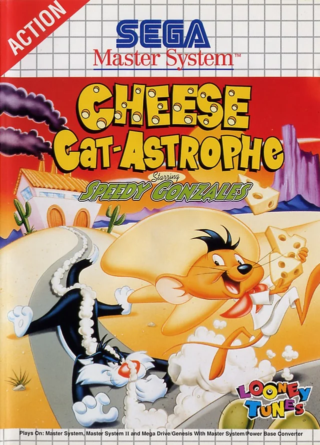 Portada europea de Cheese Cat-Astrophe starring Speedy Gonzales per a Sega Master System, amb Speedy perseguit per Sylvester.