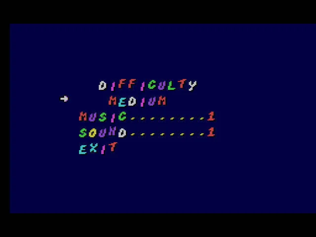 Menú d’opcions amb dificultat Medium i controls de música i efectes sonors.