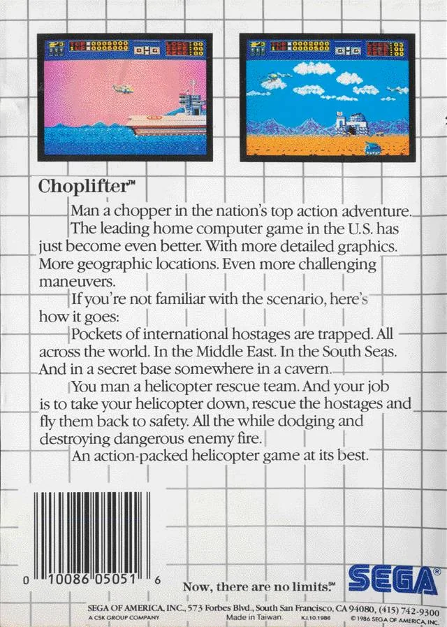 Contraportada nord-americana de Choplifter per a Sega Master System, amb dues captures i text en anglès.